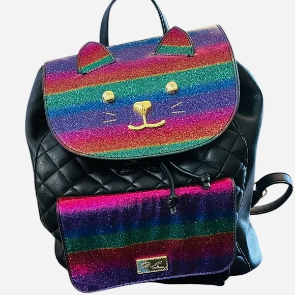 Betsey Johnson Quilted Cat Face Backpack Y2K Kawaii Coquette Glitter Rainbow Bag - Picture 5 of 16